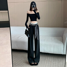 批发黑色珍珠丝巾褶皱垂感西装裤女夏季薄款<b class='q'>雪纺</b>阔腿裤高腰休闲拖地裤