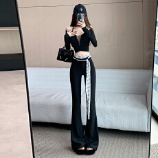 批发<b class='q'>蕾丝</b>拼接微喇<b class='q'>西装</b>裤夏季设计感<b class='q'>蕾丝</b>腰链喇叭裤垂感休闲拖地长裤子