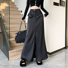 批发设计感高腰牛仔拼接黑色包臀裙2026年<b class='q'>夏</b>季新款纯欲气质开叉长裙女