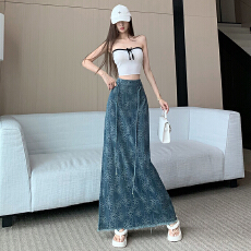 批发复古刺绣牛仔半身裙女<b class='q'>夏</b>季时尚高腰气质a字裙流苏毛边后开叉长裙