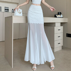 批发米白色蕾丝拼接半身裙女夏季高腰a字鱼尾裙设计感网纱包臀长裙子