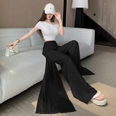 批发飘逸拖地白色冰丝阔腿<b class='q'>西装</b>裤<b class='q'>女</b>夏季薄款高级感垂感拼接雪纺直筒裤