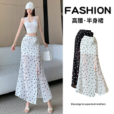 批发白色波点雪纺<b class='q'>半身</b>裙女夏季时尚褶皱高腰a字裙垂感开叉<b class='q'>包臀</b>中<b class='q'>长裙</b>