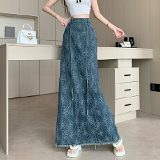 批发复古刺绣<b class='q'>牛仔</b>半身裙女夏季时尚高腰气质a字裙流苏毛边后开叉<b class='q'>长裙</b>