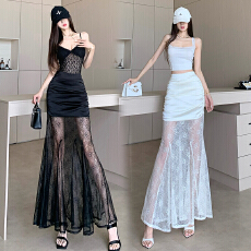 批发美式黑色蕾丝<b class='q'>半身</b>裙女夏季薄款设计感高腰a字裙修身垂感<b class='q'>包臀</b><b class='q'>长裙</b>