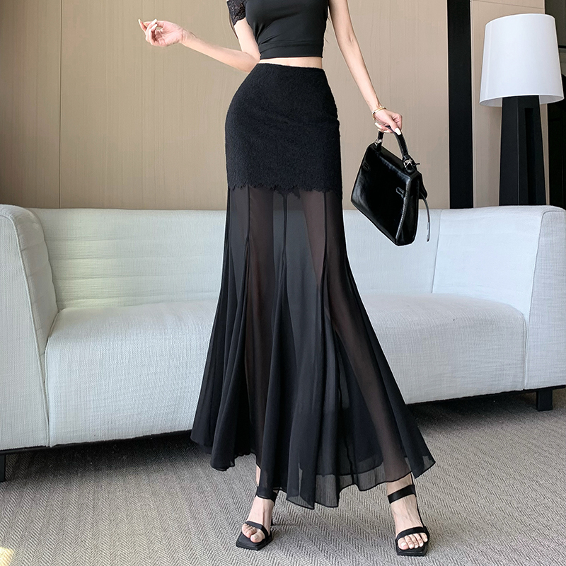 RY2848# 黑色蕾丝拼接半身裙女夏季时尚不规则网纱高腰a字垂感包臀鱼尾...