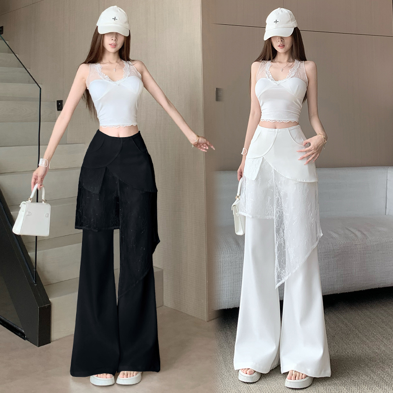 RY2847# 白色叠穿屁帘阔腿裤女夏季薄款假两件拼接高腰垂感直筒拖地休闲...