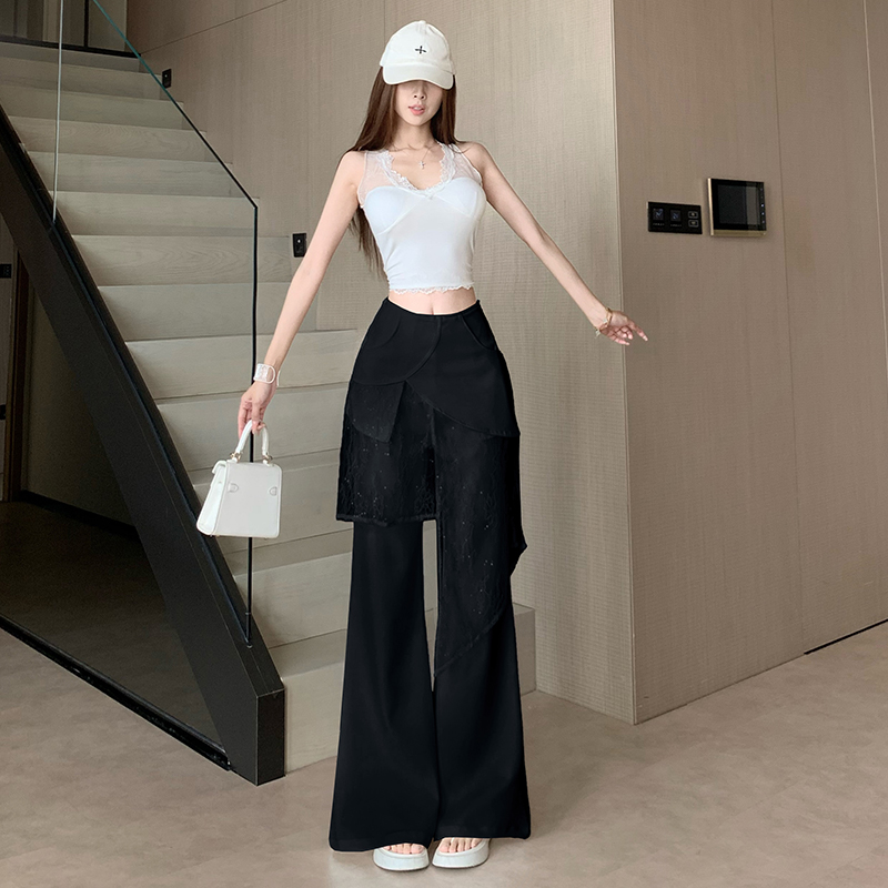 불규칙 랩스커트팬츠 페이크 레이어드 넓은 다리 정장 바지 여성 여름 디자인 센스 화이트 하이웨이스트 캐주얼 바지 도루 센스 바닥 청소 바지