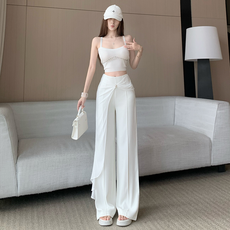 RY2845# 凉凉裤冰丝雪纺拼接西装显高显瘦女夏天薄款高腰垂感休闲微喇裤