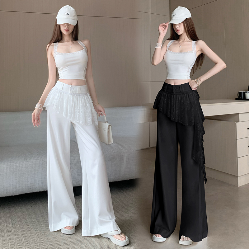 RY2844# 韩系风屁帘网纱拼接假两件直筒裤女26夏季款设计感提花工艺休...