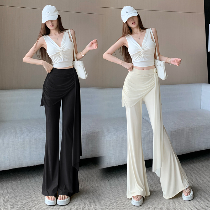 RY2842# 赵露思同款假两件系带微喇裤女春夏高腰修身显瘦休闲屁帘喇叭裤