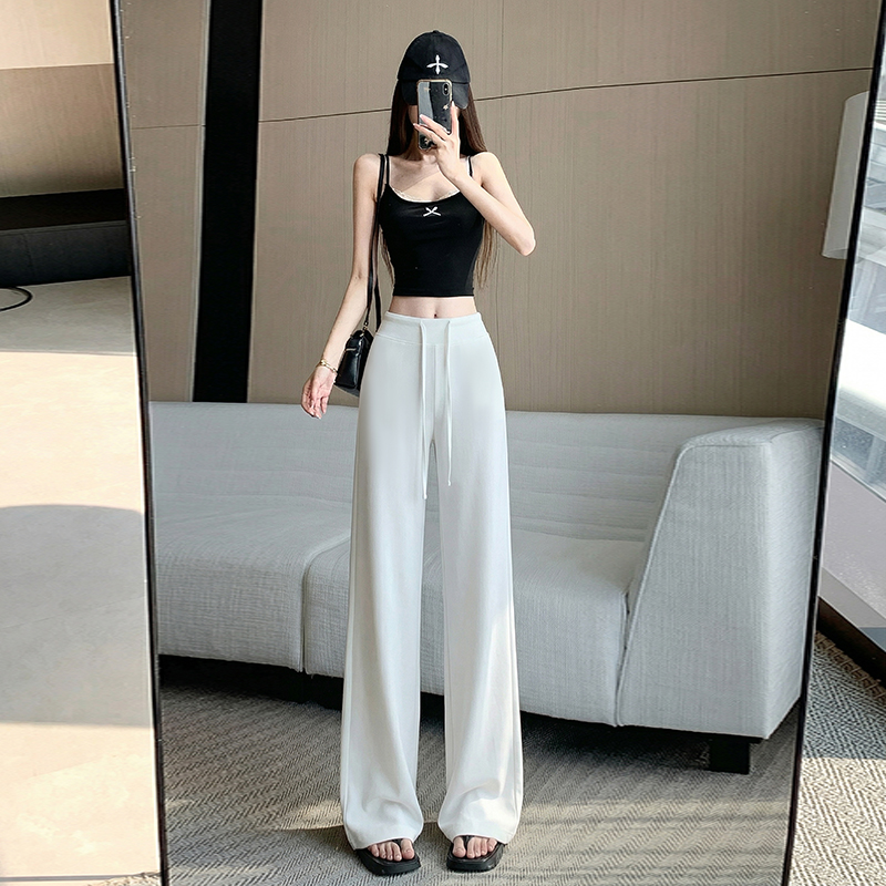 RY2841# 凉凉裤冰丝显高显瘦拼接微喇阔腿裤薄款高腰垂感休闲直筒拖地裤