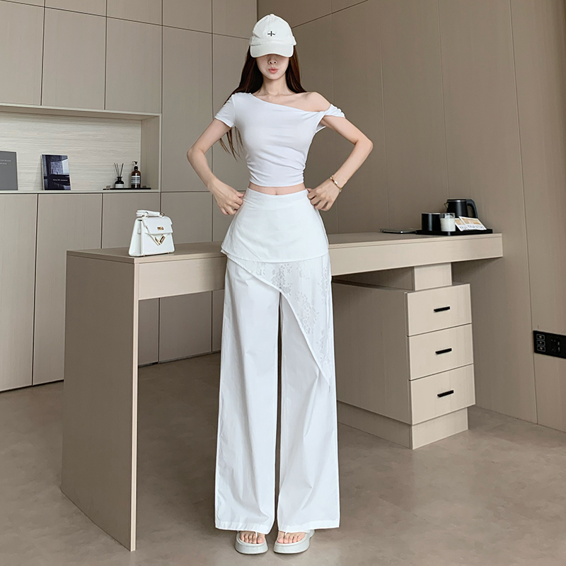 화이트 스택 착용 레이스 랩스커트팬츠 정장 와이드 레그 팬츠 치마 여름 페이크 레이어드 디자인 센스 루즈핏 부츠컷 캐주얼 긴 바지