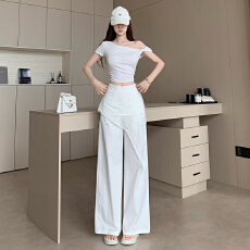 批发白色叠穿蕾丝屁帘<b class='q'>西装</b>阔腿裤裙夏季假两件设计感宽松微喇休闲长裤