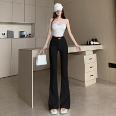 批发实拍气质丰胯固翘<b class='q'>提</b><b class='q'>臀</b>设计感蕾丝拼接高腰辣妹修身拖地微喇马蹄<b class='q'>裤</b>