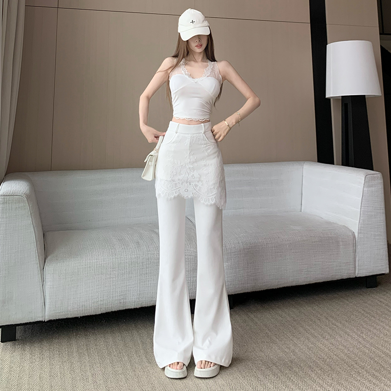 실사 디자인 센스 레이스 랩스커트팬츠 부츠컷 바지 여름 새로운 하이웨이스트 페이크 레이어드 나팔 바지 슬림해 보이는 몸매 가꾸기 긴 바지