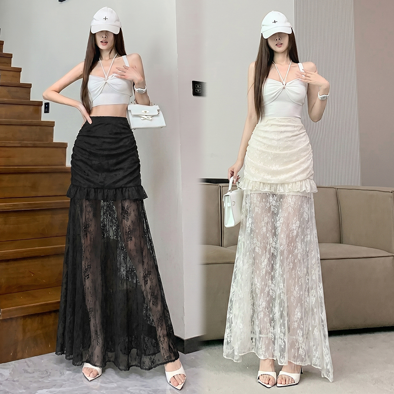 실사 인어 꼬리 스커트 2026 새로운 여름 레이스 망사 패치워크 펌프 Pleat 타이트 스커트 반신 스커트 하이웨이스트 다용도 롱 스커트