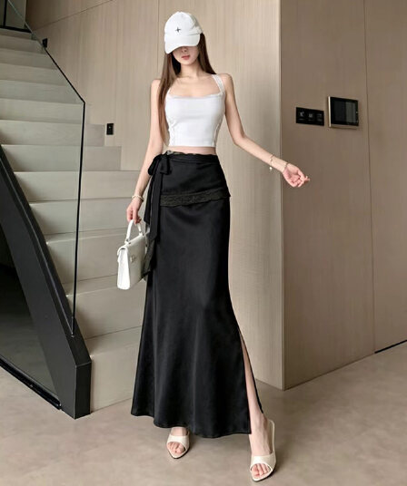 실사 프랑스식 고급 센스 레이스 레이스 체크무늬 반신 스커트 26 여름 하이웨이스트 트임 레이스업 슬림해 보이는 패키지 팔 치마