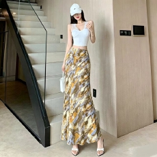 批发旅游度假风印花<b class='q'>半身</b>裙女夏季新款薄款御姐风慵懒垂感<b class='q'>包臀</b>鱼尾<b class='q'>长裙</b>