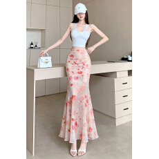 批发度假旅游碎花乔其纱鱼尾半身长裙夏新款高腰a字裙修身包臀半身裙