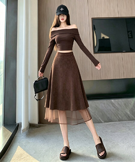새로운 프랑스식 레트로 가을 스웨이드 원단 반신 스커트 패치워크 불규칙 A라인 스커트 하이웨이스트 다용도 패치워크 롱 스커트
