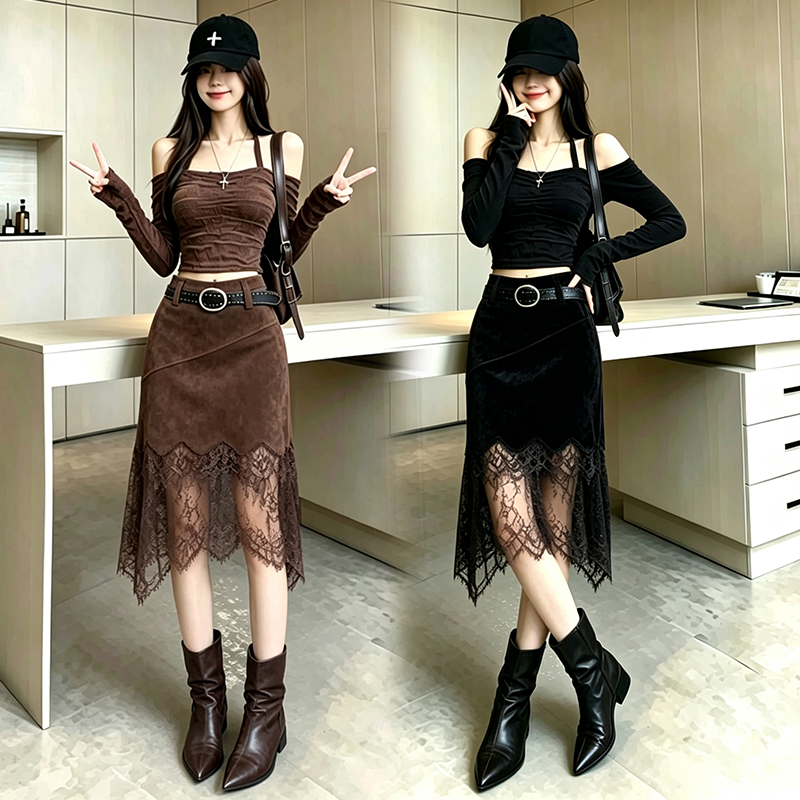 蕾丝拼接麂皮绒侧开叉显瘦半身裙女秋季新款 服裝批發女裝批發服飾貨源