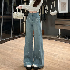 批发重工<b class='q'>钉珠</b>阔腿<b class='q'>牛仔裤</b>女春秋季2026新款独特宽松流行百搭高级直筒裤