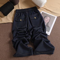 批发丹宁蓝阔腿牛仔裤女秋冬加绒高腰深色直筒弹力垂感宽松直筒拖地裤