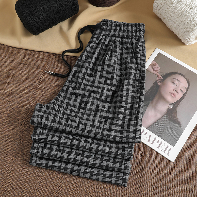 大码格子阔腿裤美式复古慵懒风毛呢窄版胖MM200斤秋冬加绒直筒裤