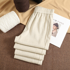 批发人字纹加绒阔腿裤子女秋冬2025蚕丝羊毛裤直筒休闲窄版毛呢裤