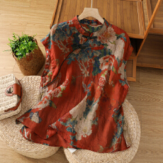 批发实拍#复古文艺风立领斜襟盘扣棉麻上衣民族风炒色<b class='q'>印花</b>中式小衫女