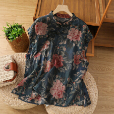 批发实拍#复古文艺风立领斜襟盘扣棉麻上衣民族风炒色<b class='q'>印花</b>中式小衫女