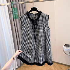 批发实拍黑白格子无袖连衣裙女夏2025新款宽松漂亮超好看花边背心裙
