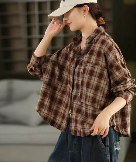 가을 면 린넨 체크무늬 셔츠 문예 폴로 칼라 긴팔 체크무늬 셔츠 재킷 오픈 가디건