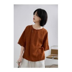 批发夏季百搭刺绣圆领棉麻短袖上衣休闲显瘦套头新款<b class='q'>衬衣</b>女