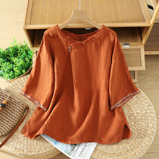 批发实拍#夏季百搭刺绣圆领棉麻短袖上衣休闲显瘦套头新款<b class='q'>衬衣</b>女