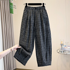批发实拍#<b class='q'>黑色</b>格子休闲裤女夏季薄款大码胖mm小个子宽松显瘦<b class='q'>哈伦裤</b>