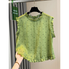 批发实拍绿色棉麻波点无袖背心木耳边圆领宽松夏季透气休闲<b class='q'>衬衫</b>上衣