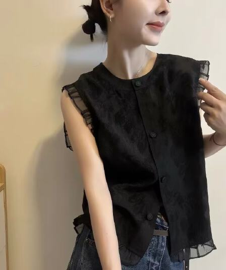 프릴 라운드 넥 민소매 여성 셔츠 26 새로운 여름 얇은 스타일 루즈핏 통기성 검정색 조끼 맨위