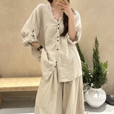 批发新中式禅意麻衬衫外套女中长款复古宽松慵懒汉开衫<b class='q'>上衣</b>薄款衫