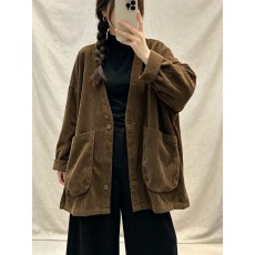 批发秋季廓形V领大口袋灯芯绒中长款外套宽松休闲纯色上衣风衣女
