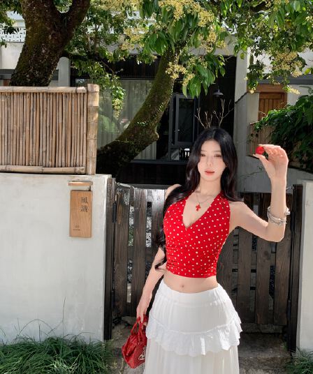 실사 정가 빨간색 도트 무늬 행침 목 조끼 맨위 화이트 다용도 레이스 레이스 한 마디 롱 코트 케이크 드레스