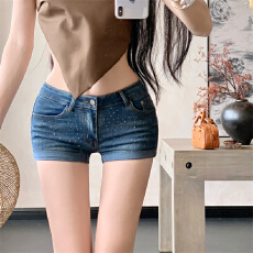 批发实拍实价  新款美式辣妹满天星烫钻卷边低腰包臀牛仔短裤