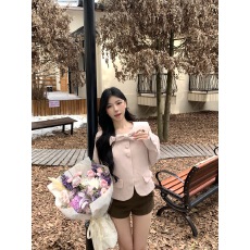 批发实拍实价粉色蝴蝶结麂皮软糯毛绒短款外套荷叶边甜美直筒百搭短裤