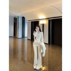 批发实拍实价 新款V领修身显瘦外穿打底上衣秋冬休闲时尚微喇裤套装女