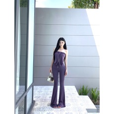 批发实拍实价  新款紫色拼接飘带荷叶边抹胸拉绳显瘦修身微喇叭休闲裤