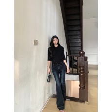 批发实拍实价 隐形的蝙蝠袖坑条针织上衣V腰丰胯修身显瘦微喇叭牛仔裤