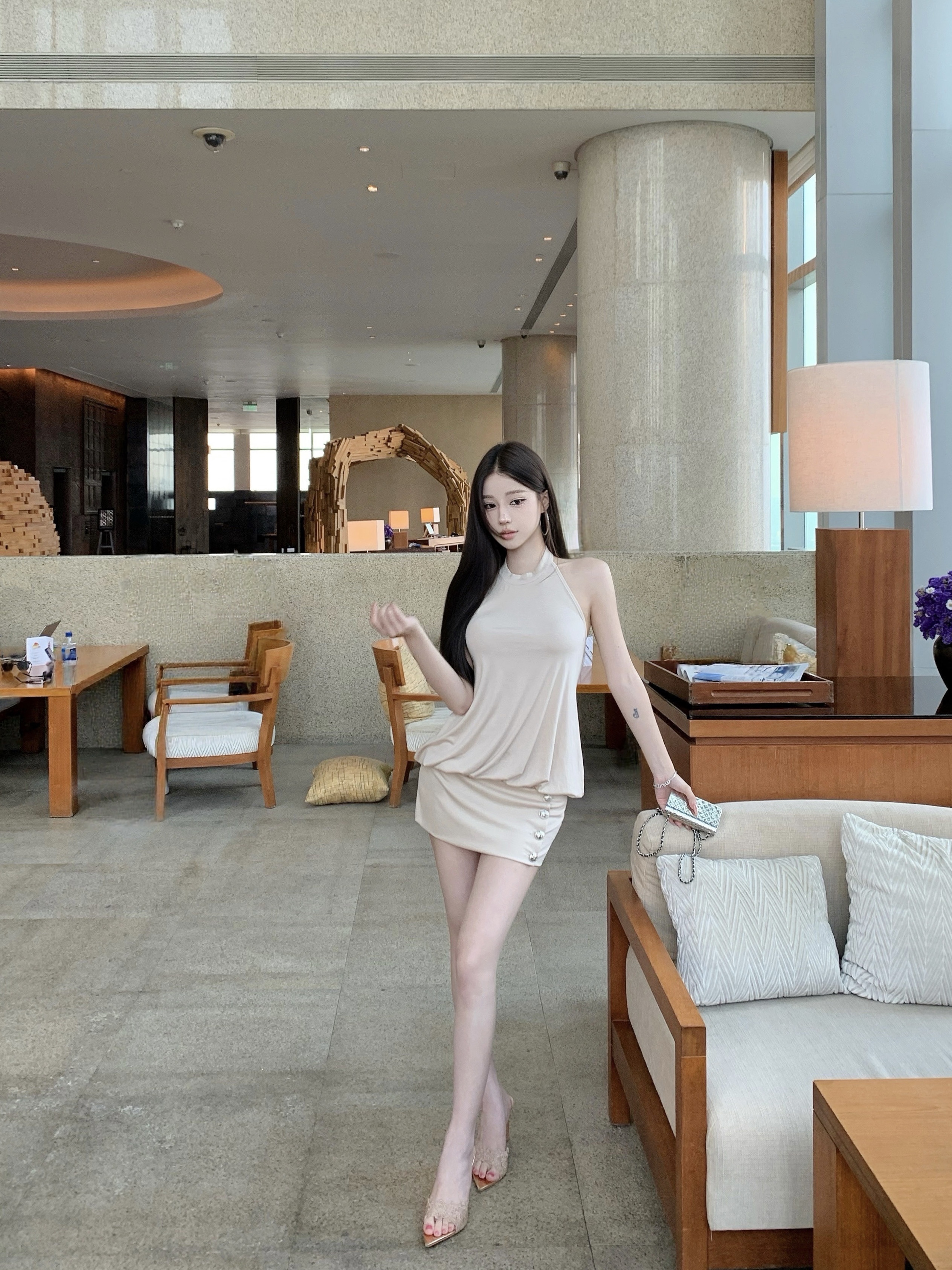 실사 정가 새로운 슬립 행침 목 백리스 허리 수축 꽃밭 섹시함 타이트 스커트 드레스