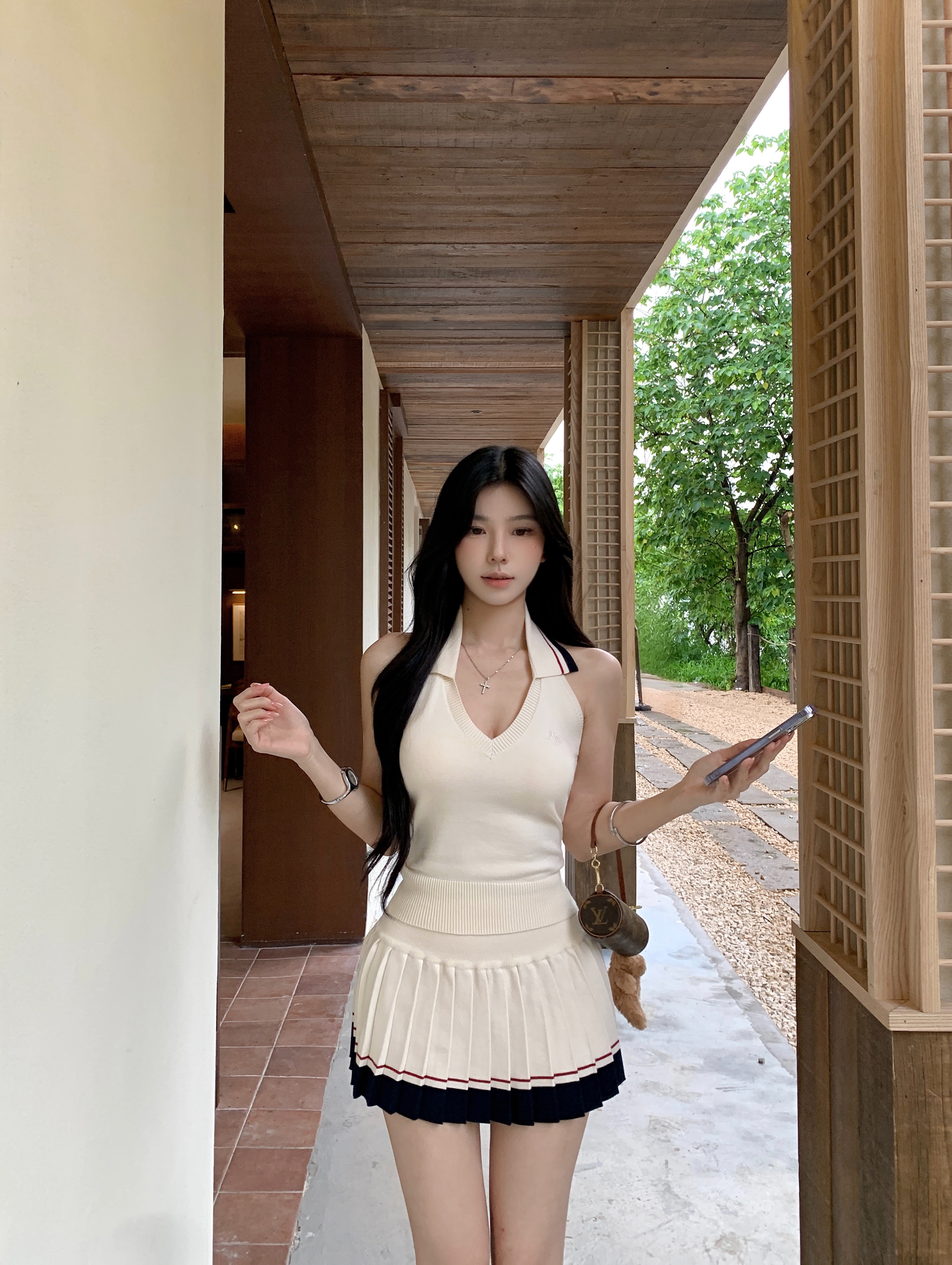 실사 정가 아메리칸 달콤한 매운맛 학원 스타일 배색 행침 목 반팔 티셔츠 여름 캐주얼 플리츠 스커트 3종 세트