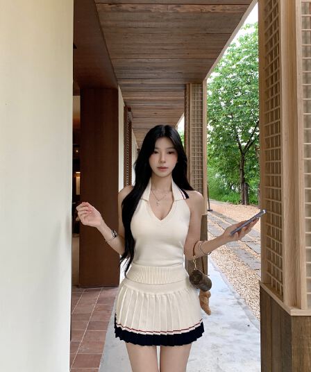 실사 정가 아메리칸 달콤한 매운맛 학원 스타일 배색 행침 목 반팔 티셔츠 여름 캐주얼 플리츠 스커트 3종 세트